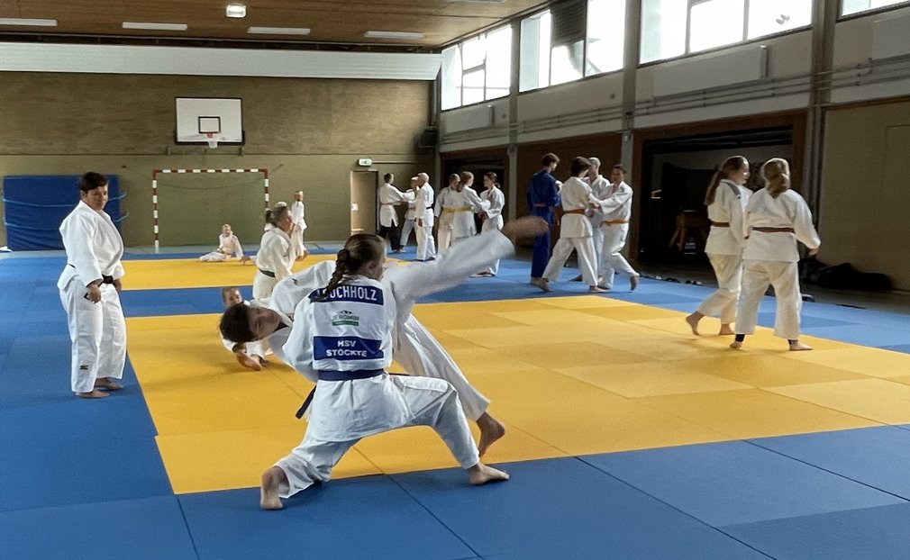 Eine Gruppe von Judoka beim Training in einer Sporthalle.